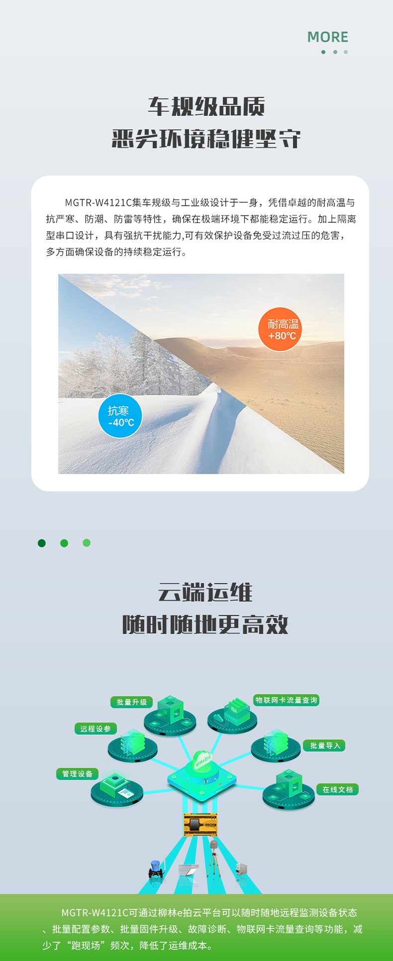 車(chē)規(guī)級(jí)品質(zhì) 惡興環(huán)境穩(wěn)健堅(jiān)守。MGTR-W4121C集車(chē)規(guī)級(jí)與工業(yè)級(jí)設(shè)計(jì)于一身，憑借卓越的耐高溫與 抗嚴(yán)寒、防潮、防雷等特性，確保在極端環(huán)境下都能穩(wěn)定運(yùn)行。加上隔離 型串口設(shè)計(jì)，具有強(qiáng)抗干擾能力,可有效保護(hù)設(shè)備免受過(guò)流過(guò)壓的危害， 多方面確保設(shè)備的持續(xù)穩(wěn)定運(yùn)行。云端運(yùn)維 隨時(shí)隨地更高效。MGTR-W4121C可通過(guò)柳林e拍云平臺(tái)可以隨時(shí)隨地遠(yuǎn)程監(jiān)測(cè)設(shè)備狀態(tài) 批量配置參數(shù)、批量固件升級(jí)、故障診斷、物聯(lián)網(wǎng)卡流量查詢(xún)等功能，減 少了“跑現(xiàn)場(chǎng)”頻次，降低了運(yùn)維成本。